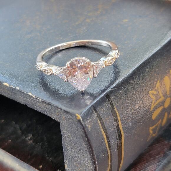 Rhodium Plated Simulated Morganite Ring - Size 10 - Teardrop Radiance - Picture 5 of 14